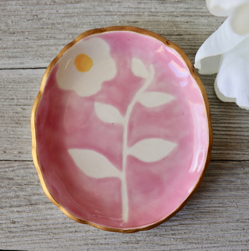 Floral Jewelry Dish, Ring Dish, Ring Holder, Pink Botanical, Flower, Hand Painted Botanical, Art Pottery, Plant lover Gift, Bloom image 4