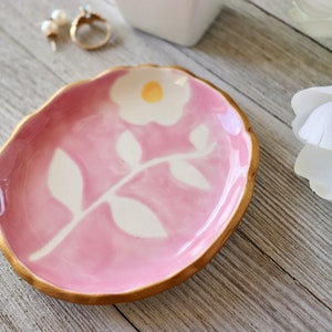 Floral Jewelry Dish, Ring Dish, Ring Holder, Pink Botanical, Flower, Hand Painted Botanical, Art Pottery, Plant lover Gift, Bloom image 8