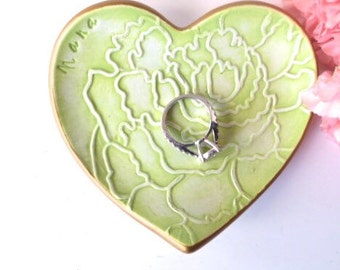 ring holder, wedding ring dish, Nana Gift, Green and Gold Heart, Peony Flower, handmade pottery, IN STOCK