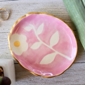Floral Jewelry Dish, Ring Dish, Ring Holder, Pink Botanical, Flower, Hand Painted Botanical, Art Pottery, Plant lover Gift, Bloom image 9