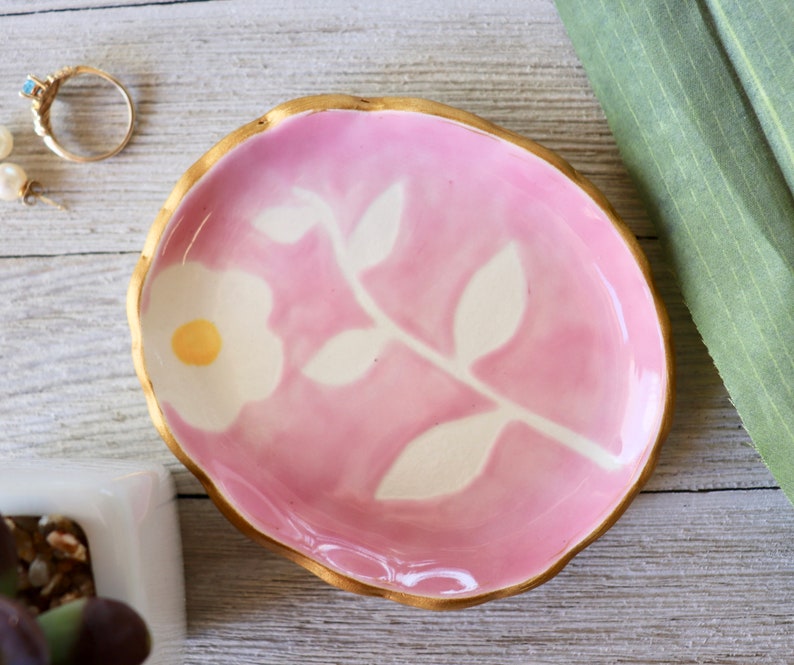 Floral Jewelry Dish, Ring Dish, Ring Holder, Pink Botanical, Flower, Hand Painted Botanical, Art Pottery, Plant lover Gift, Bloom image 9