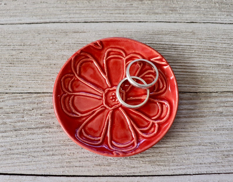 Ring Dish, Ring Holder, Flower Dish, Red Flower Pottery, Trinket Dish, Gift for Her image 2