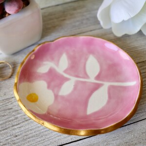 Floral Jewelry Dish, Ring Dish, Ring Holder, Pink Botanical, Flower, Hand Painted Botanical, Art Pottery, Plant lover Gift, Bloom image 6