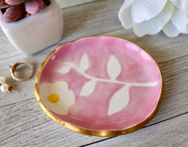 Floral Jewelry Dish, Ring Dish, Ring Holder, Pink Botanical, Flower, Hand Painted Botanical, Art Pottery, Plant lover Gift, Bloom image 6