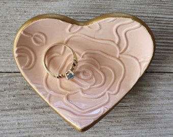 Ring Holder, Heart, Wedding Ring Dish, Bridal Shower Favor, Peach, Gold, Bridesmaid Gift, Rose Floral, Gift Boxed, IN STOCK