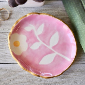 Floral Jewelry Dish, Ring Dish, Ring Holder, Pink Botanical, Flower, Hand Painted Botanical, Art Pottery, Plant lover Gift, Bloom image 2