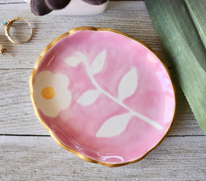 Floral Jewelry Dish, Ring Dish, Ring Holder, Pink Botanical, Flower, Hand Painted Botanical, Art Pottery, Plant lover Gift, Bloom image 2