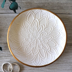 Trinket Dish, Ring Holder, Dahlia Flower, Ring Dish, White, Gold, Gift for Her, Gift Boxed