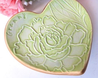 ring holder, wedding ring dish, Grammy Gift, Green and Gold Heart, Peony Flower, handmade pottery, IN STOCK