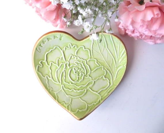 Peony Flower wedding ring dish handmade pottery IN STOCK Grammy Gift ring holder Green and Gold Heart