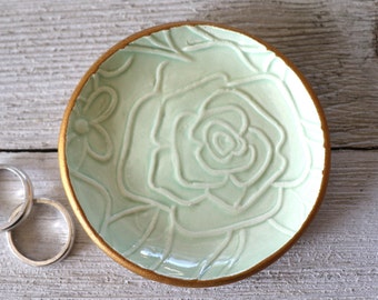 Ring Dish, Bridesmaid Gift, Rose Ring Holder, Green, Gold, Jewellery Dish, Gift Boxed, IN STOCK