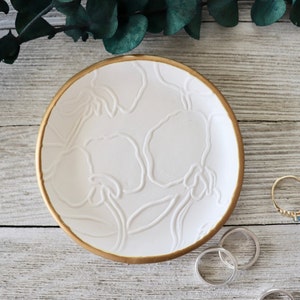Botanical Trinket Dish, Ring Holder, Jewelry Dish, White, Gold, Sweet Pea Flower, Gift for Her, Gift Boxed, IN STOCK image 1