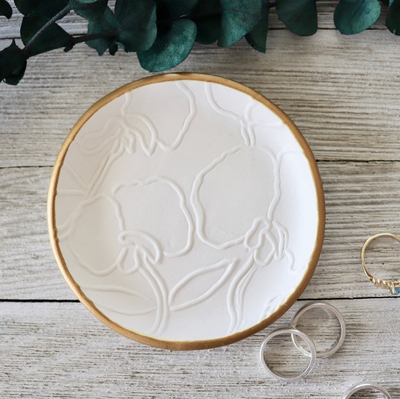 Botanical Trinket Dish, Ring Holder, Jewelry Dish, White, Gold, Sweet Pea Flower, Gift for Her, Gift Boxed, IN STOCK image 1