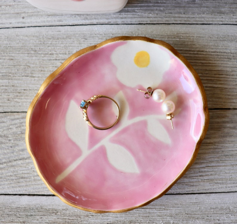 Floral Jewelry Dish, Ring Dish, Ring Holder, Pink Botanical, Flower, Hand Painted Botanical, Art Pottery, Plant lover Gift, Bloom image 10