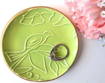 Trinket dish, wedding ring dish, Pistachio Green, Gold Glaze, Spoon Rest, Bird in Tree, air plant holder, IN STOCK