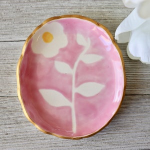 Floral Jewelry Dish, Ring Dish, Ring Holder, Pink Botanical, Flower, Hand Painted Botanical, Art Pottery, Plant lover Gift, Bloom image 1