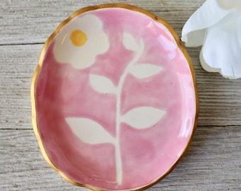 Floral Jewelry Dish, Ring Dish, Ring Holder, Pink Botanical, Flower, Hand Painted Botanical, Art Pottery, Plant lover Gift, Bloom