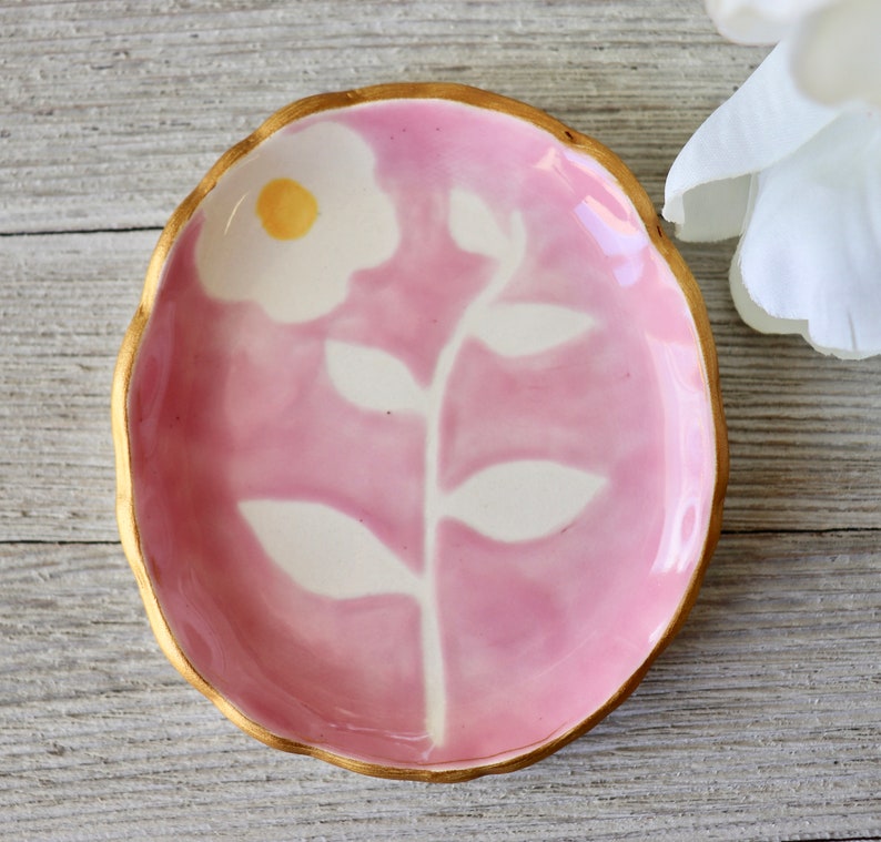 Floral Jewelry Dish, Ring Dish, Ring Holder, Pink Botanical, Flower, Hand Painted Botanical, Art Pottery, Plant lover Gift, Bloom image 1