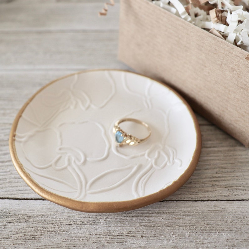 Botanical Trinket Dish, Ring Holder, Jewelry Dish, White, Gold, Sweet Pea Flower, Gift for Her, Gift Boxed, IN STOCK image 6