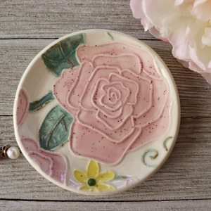 Ring Dish, Wedding ring holder, Flower Plate, Pink Roses, Flower dish, Floral Pottery, Spoon Rest, Gift for Her, Gift Boxed, IN STOCK