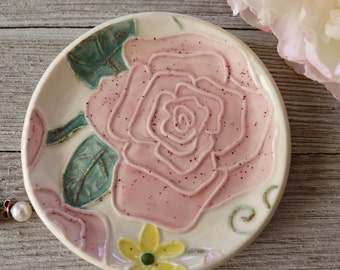 Ring Dish, Wedding ring holder, Flower Plate, Pink Roses, Flower dish, Floral Pottery, Spoon Rest, Gift for Her, Gift Boxed, IN STOCK