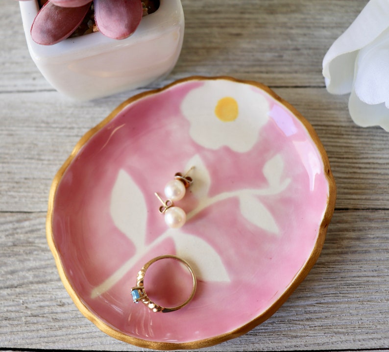 Floral Jewelry Dish, Ring Dish, Ring Holder, Pink Botanical, Flower, Hand Painted Botanical, Art Pottery, Plant lover Gift, Bloom image 3