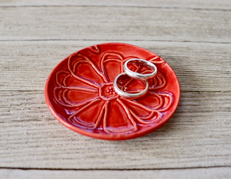 Ring Dish, Ring Holder, Flower Dish, Red Flower Pottery, Trinket Dish, Gift for Her image 4