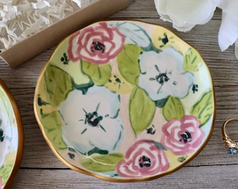 Jewelry Tray, Hand Made Pottery, Hand Painted Flower Dish, Boho Decor, Botanical Home Decor