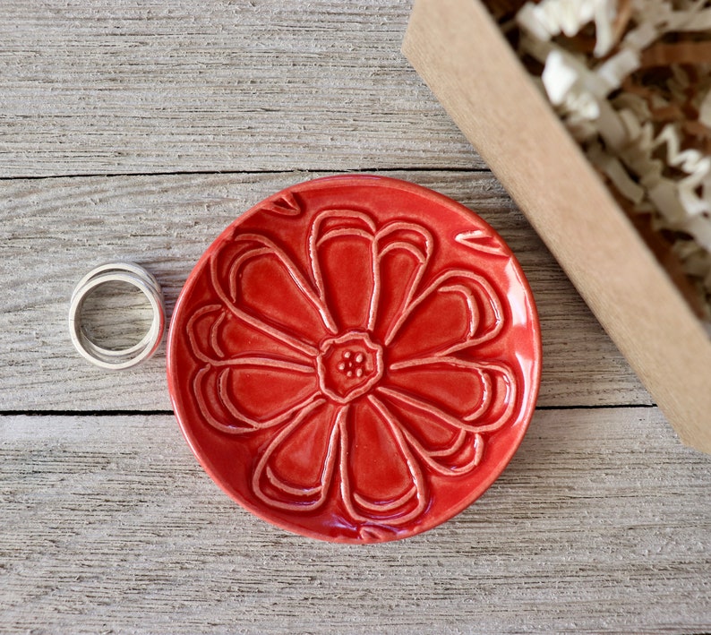 Ring Dish, Ring Holder, Flower Dish, Red Flower Pottery, Trinket Dish, Gift for Her image 8