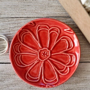 Ring Dish, Ring Holder, Flower Dish, Red Flower Pottery, Trinket Dish, Gift for Her image 1