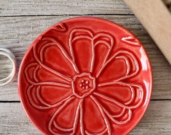 Ring Dish, Ring Holder, Flower Dish, Red Flower Pottery, Trinket Dish, Gift for Her