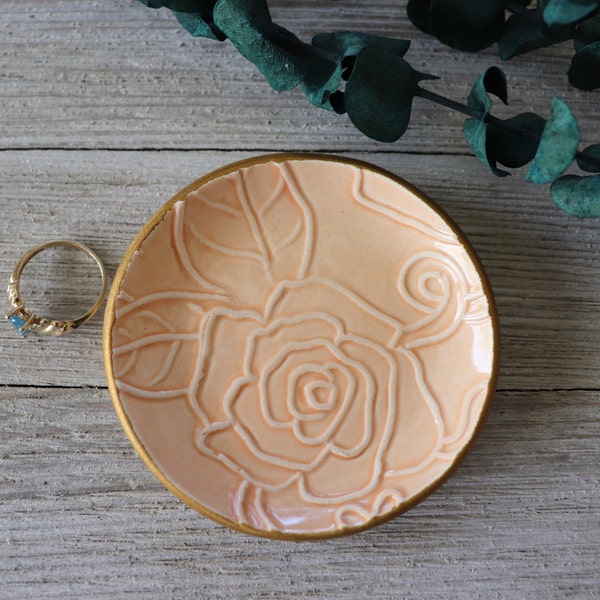 Ring Dish, Ring Holder, Bridesmaid Gifts, Roses, Flower, Peach, Gold, Jewelry Dish, Gift Boxed, IN STOCK