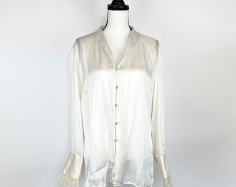 L Silk Button Down Shirt with Feather detail on sleeves