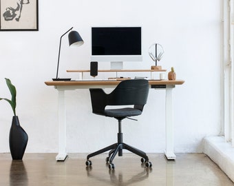 Oakywood Solid Wood Standing Desk - White legs, Sitting to Standing Desk, Adjustable-Height Desk, Electric Desk, Handcrafted Computer Desk