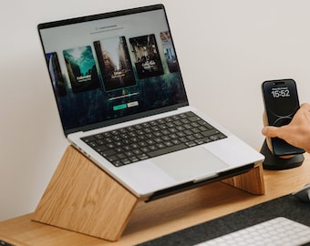 Wood Laptop Stand: Ergonomic MacBook Riser with Storage