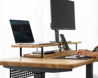 Estante de escritorio Oakywood, madera de soporte de monitor dual, oficina en casa, organizador de accesorios de escritorio, almacenamiento y organización de oficina, regalo para él