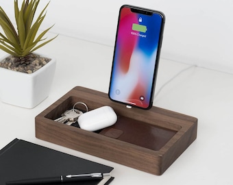 Oakywood iPhone charger dock organizer, wood gift for him, wooden office storage, desk accessorie home office decor,