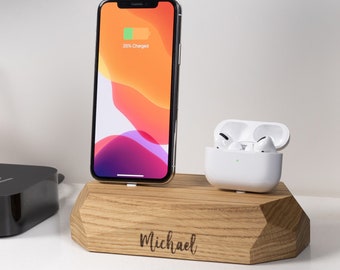 Personalized iPhone + AirPods Dock Stand,   for Man, Engraving Gift for Men, Work from Home, Desk Decor, Small Office Desk