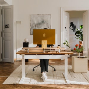 Oakywood Electric Standing Desk: Solid Oak or Walnut Wood, White Legs