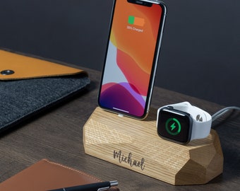 Personalized Wooden iPhone & Apple Watch Docking Station: Engraved Gift