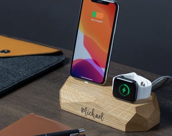 Personalized iPhone Apple Watch Charging Docking Station, Wooden Gift for Him, Boyfriend Gift, Charging Dock, Work from Home, Desk Setup