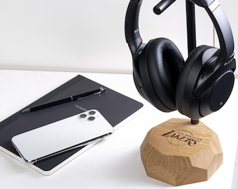 Personalized Wooden Headphone Stand, Gift for Him, Office Desk Accessories Music Lover Gift