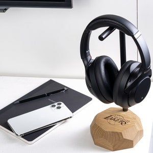 Personalized Wooden Headphone Stand, Gift for Him, Office Desk Accessories Music Lover Gift image 1