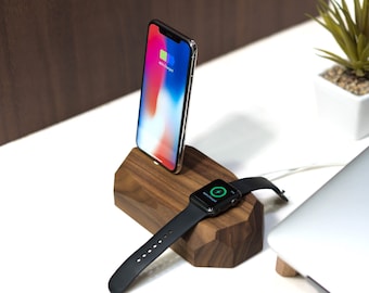 Wood Charging Dock for iPhone and Apple Watch – Combo Wireless Charger, Wooden Desk Accessory