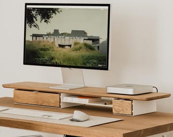 Solid Oak Desk Shelf Pro: Dual Monitor Stand with Drawer