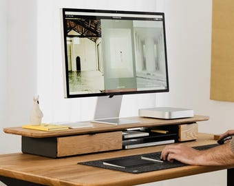 Oakywood Desk Shelf Pro: Solid Oak Monitor Stand with Drawer