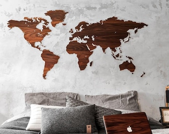 Mapa mundial de madera minimalista, decoración de arte de pared de mapa de madera de lujo, regalo de viajero de alta calidad, regalo premium para ella, decoración de pared de dormitorio boho