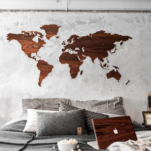 Minimalistische houten wereldkaart, luxe houten kaart muurkunst decor, hoogwaardig reizigerscadeau, premium cadeau voor haar, boho slaapkamer wanddecoratie