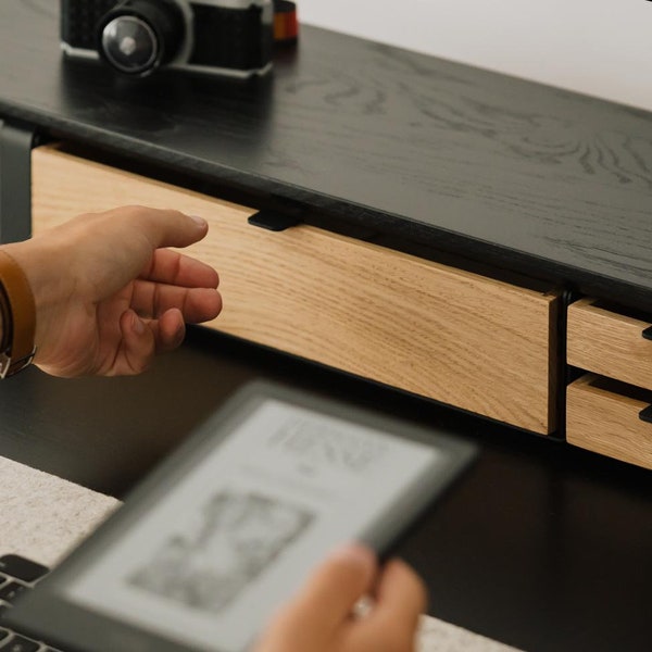 Modular Wooden Desk Drawer with Black Steel Base - Oakywood Desk Shelf Compatible