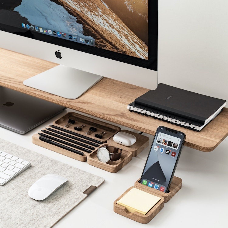 Oak Desk Organizer Set: Magnetic Wooden Blocks, Wireless Charger